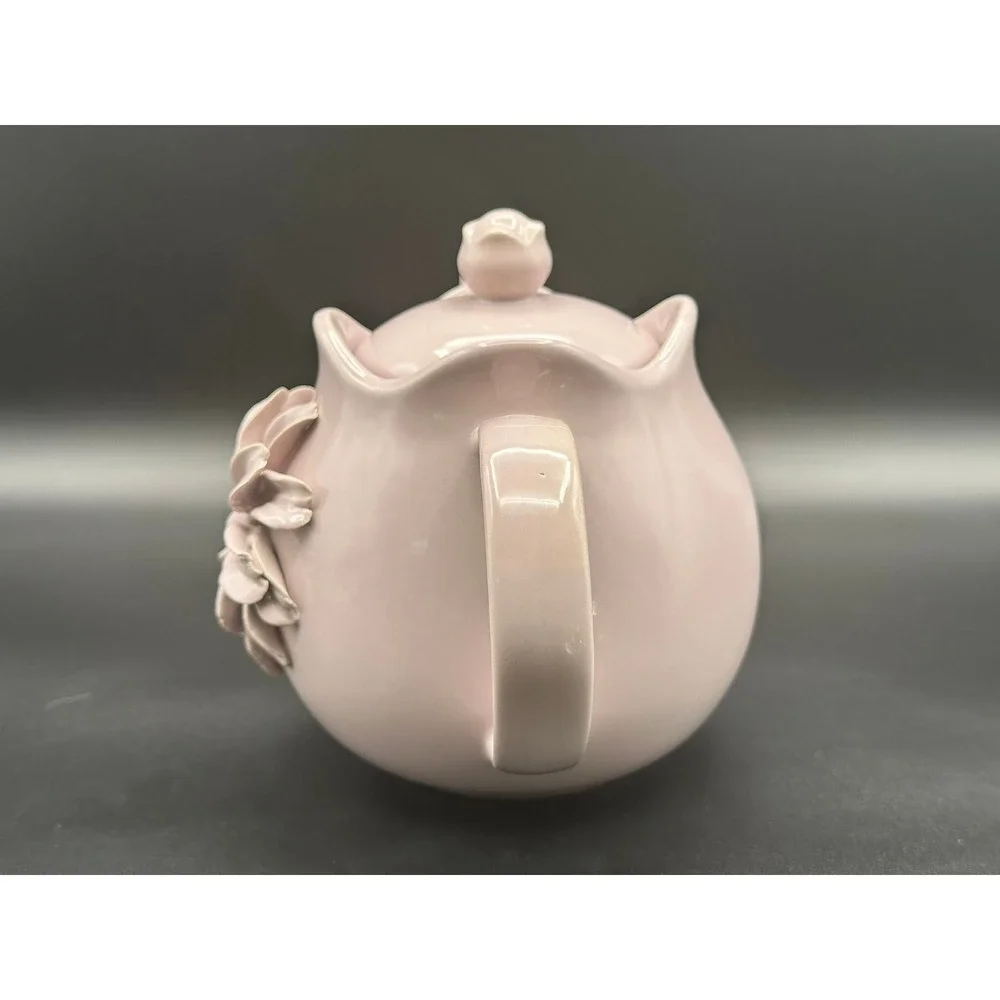 Lavender Ceramic Teapot 3D Floral Applique Scalloped Rim Vintage Pastel 6.5in